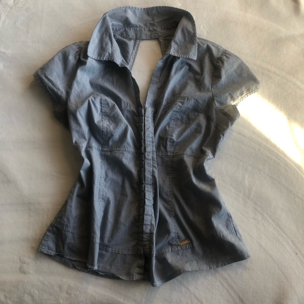 Guess Pinstripe Corset Button Up Light Blue